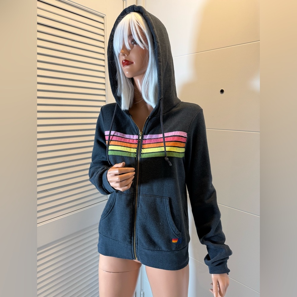 Aviator Nation charcoal black  Hoodie with Rainbow Stripes XS